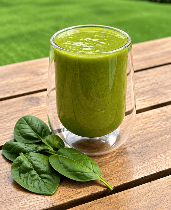 Un vaso transparente lleno de batido verde, hecho con espinacas, sobre una mesa de madera, con algunas hojas de espinaca al lado.